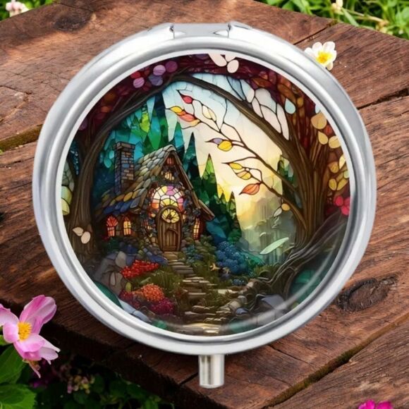 Wonderland Cottage Pill Box Medicine Mini Steel Case Mirrored Travel Purse Size - Picture 3 of 7